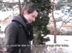 CH 335, Camera guy pays a young guy in black jacket and scarf in the snow to suck and