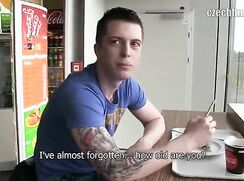 CH 347, Camera guy pays a young guy in blue Hilfiger T and a black jacket to suck and