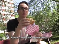 CH 355, Camera guy pays a young guy in black T with  faded Union Flag to suck and be