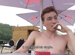 CH 361, Camera guy pays a young bare-chested guy, then in white "Bar and Grill" T, to
