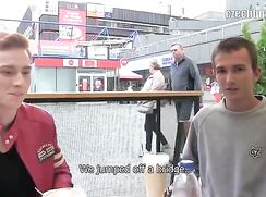 CH 362, Camera guy pays 2 young guys, one in grey top, the other in red jacket, to su