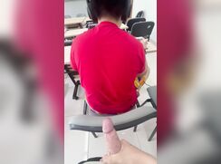 Jerking-off behind a guy in class. I don't see him cum, maybe he still orgasms.