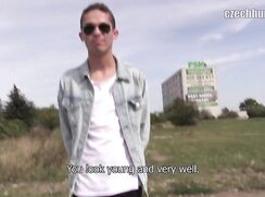 CH 377, Camera guy pays a young guy a white T and a light blue Denim shirt, to suck a