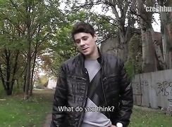 CH 383, Camera guy pays a young guy in a grey and black T and black jacket, to suck a