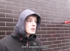 CH 386, Camera guy pays a young guy in a grey hoodie with red accents, to suck and be