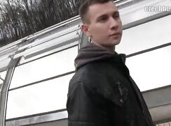 CH 393, Camera guy pays a young guy in black half coat, to suck and be fucked