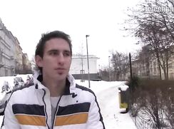 CH 395, Camera guy pays a young guy in white winter jacket with black and brown strip