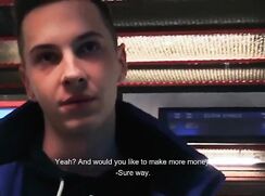 CH 400, Camera guy pays a young guy in blue, black and grey jacket, to suck and be fu