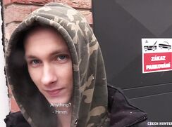 CH 405, Camera guy pays a young guy in camo hoodie and jacket, to suck and be fucked