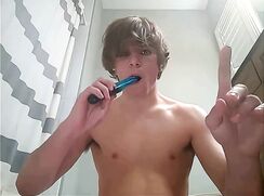 Brunette College Hunk Cut wanks off in the Bathroom - AI Enhanced