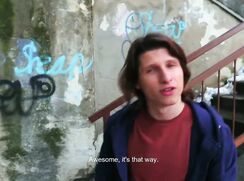 CH 418, Camera guy pays a young guy in blue jacket with rust coloured T to suck and b