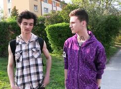 CH 427, Camera guy pays 2 young guys, one in purple patterned hoodie, the other check