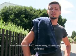 CH 450, Camera guy pays a young guy in dark grey T and blue towel to suck and be fuck