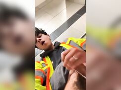 Construction worker takes break from work