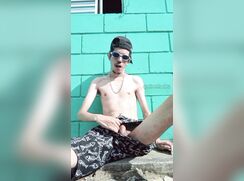 AHV - Skinny, white Brazilian Maloka guy masturbating on the sidewalk outside