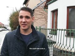 CH 490, Camera guy pays a young guy in a blue T and a dark blue quilted jacket, to su