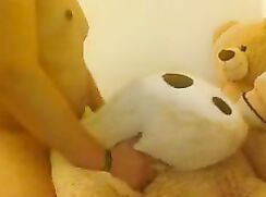 Chubby likes to fuck his large plush toy and masturbate