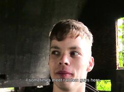 CH 541, Camera guy pays a young guy in dark grey hoodie, waiting a derelict building,