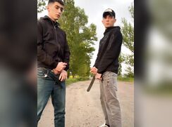 Two Bros Jack Off Together Outside #1