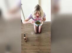 Filthy piggy eats piss cereal
