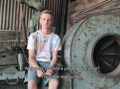 CH 554, Camera guy pays a young guy in a barn wearing an "Exotic paradise" T to suck