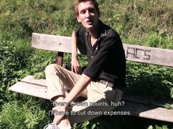 CH 559, Camera guy pays a young guy on a park bench on a nature walk, wearing a black