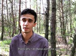 CH 561, Camera guy pays a young guy picking mushrooms in a light check shirt to suck