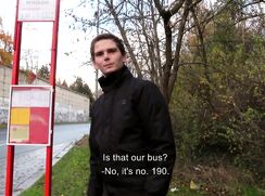 CH 572, Camera guy pays a young guy in a black jacket by a bus stop to suck and be fu