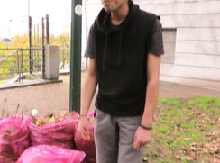 CH 573, Camera guy pays a young guy in a black hoodie, picking up leaves, to suck and