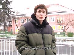 CH 588, Camera guy pays a young guy in a green and black winter jacket delivering pap