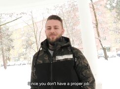 CH 599, Camera guy pays a bearded young guy in a black jacket with camo top and arms,