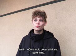 CH 606, Camera guy pays a young guy in dark blue full length winter coat, to suck and