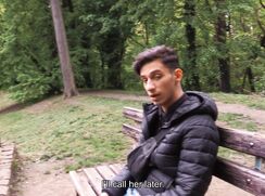 CH 622, Camera guy pays a young guy in a black hooded top, sitting on a park bench by