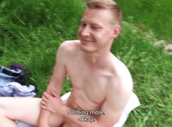 CH 623, Camera guy pays a shy young guy in black underpants by the water, to suck and