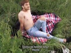 CH 625, Camera guy pays a young bare-chested guy in blue jeans, sunbathing, to suck a