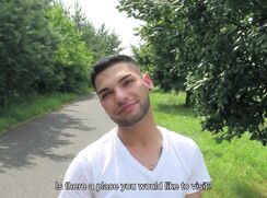 CH 631, Camera guy pays a young guy in a white T walking on the country road to suck