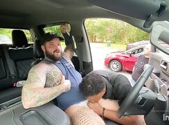 DILF jerks off in car and gets head from strangers