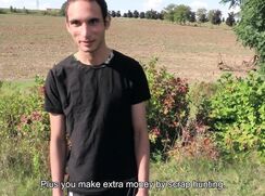 CH 639, Camera guy pays a young guy in a black T repairing farm machinery in a field