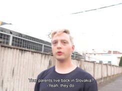 CH 640, Camera guy pays a young guy in a dark blue T looking over a wall to be suck a
