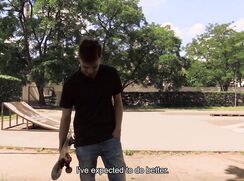 CH 654, Camera guy pays a young guy skate boarding in a patterned T and blue jeans to
