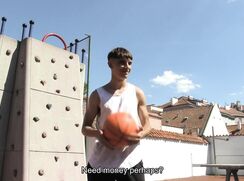 CH 655, Camera guy pays a young guy in a white singlet and black shorts, shooting hoo