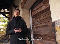 CH 673, Camera guy pays a young guy in a black parka outside a locked building, to su