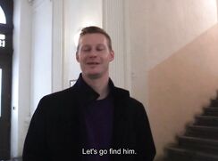 CH 674, Camera guy pays a young guy in a purple T and a black Jacket in a stairwell,