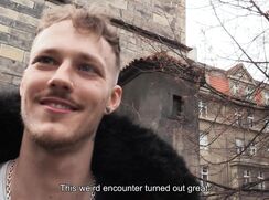 CH 685, Camera guy pays a young guy in a red winter coat with a fur hood, to suck and
