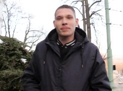 CH 687, Camera guy pays a young guy in a black T and a dark blue hooded jacket near a