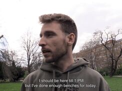 CH 695, Camera guy pays a young guy in a khaki hoodies, and camo trousers, cleaning b