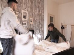 CH 702, Camera guy pays 2 young guys in a foyer, putting leaflets in mail boxes. One