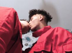 CH 711, Camera guy pays 2 young guys in brand new red protection coveralls , to suck