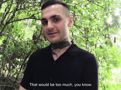 CH 714, Camera guy pays a young guy in a black shirt, walking down by the river to su