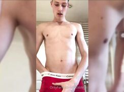 Dutch fit Nick teasing in red Calvin Klein boxershorts and cum
